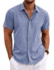 Mens Casual Short Sleeve Linen Button Down Shirt Beach Summer Wedding