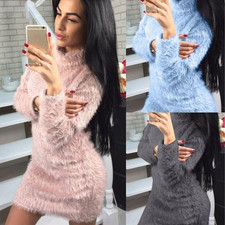 Womens Sweater Dress Turtleneck Long Sleeves Fluffy Faux Fur Bodycon Slim Fit