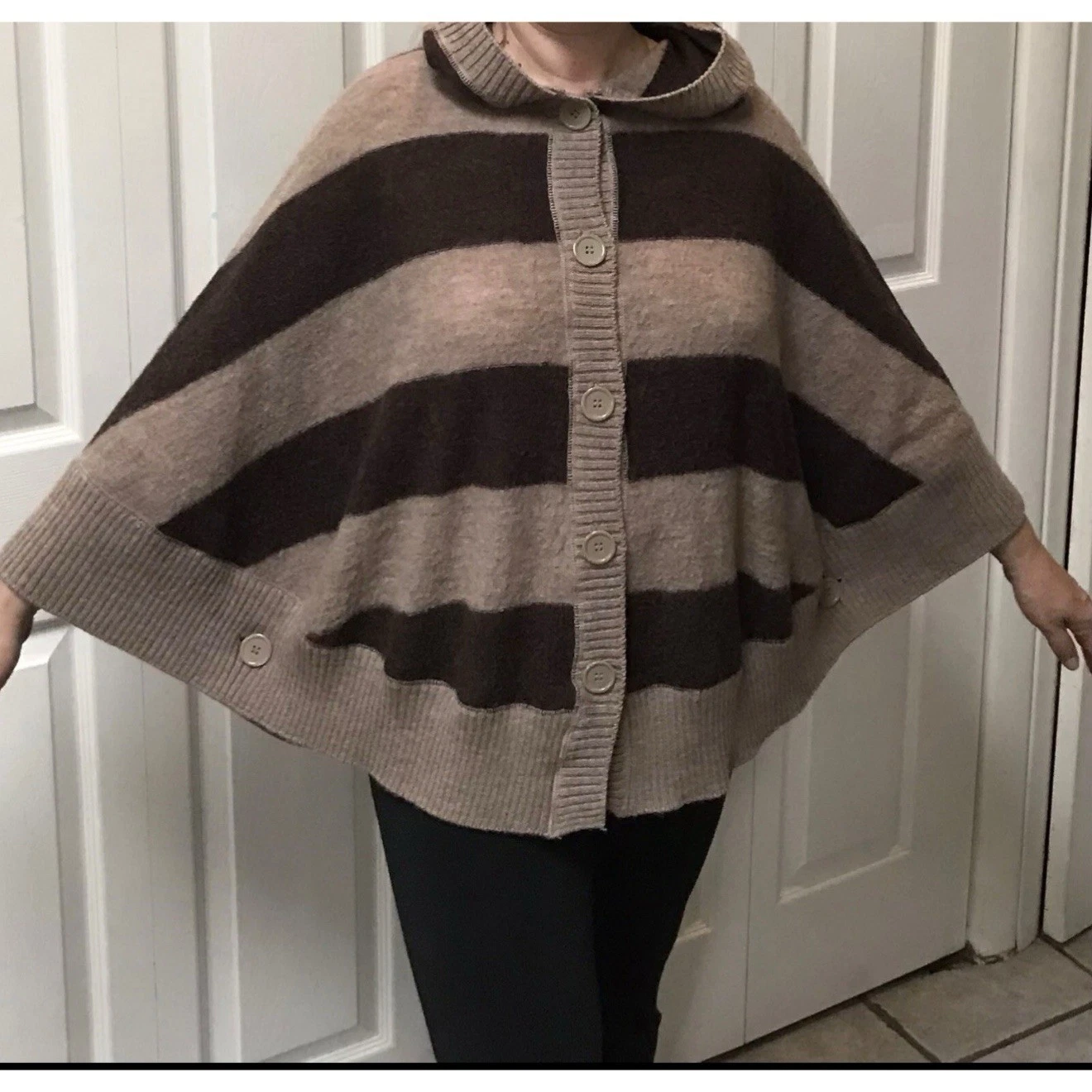 Elena Solano Brown Striped Hooded 100% Wool Poncho Cape Sweater M