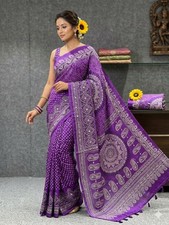 Pure Gajji Silk Ajrakh Saree Bandhej Mirror Work Indian Ethnic Sari With Blouse