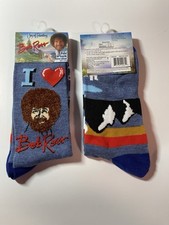 Bob Ross Mens Size 8-12 Blue Bob Ross Graphic Novelty Crew Socks 1 Pair