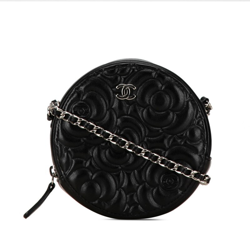 CHANEL Camellia Round Mini Chain Bag in Black Leather for Women