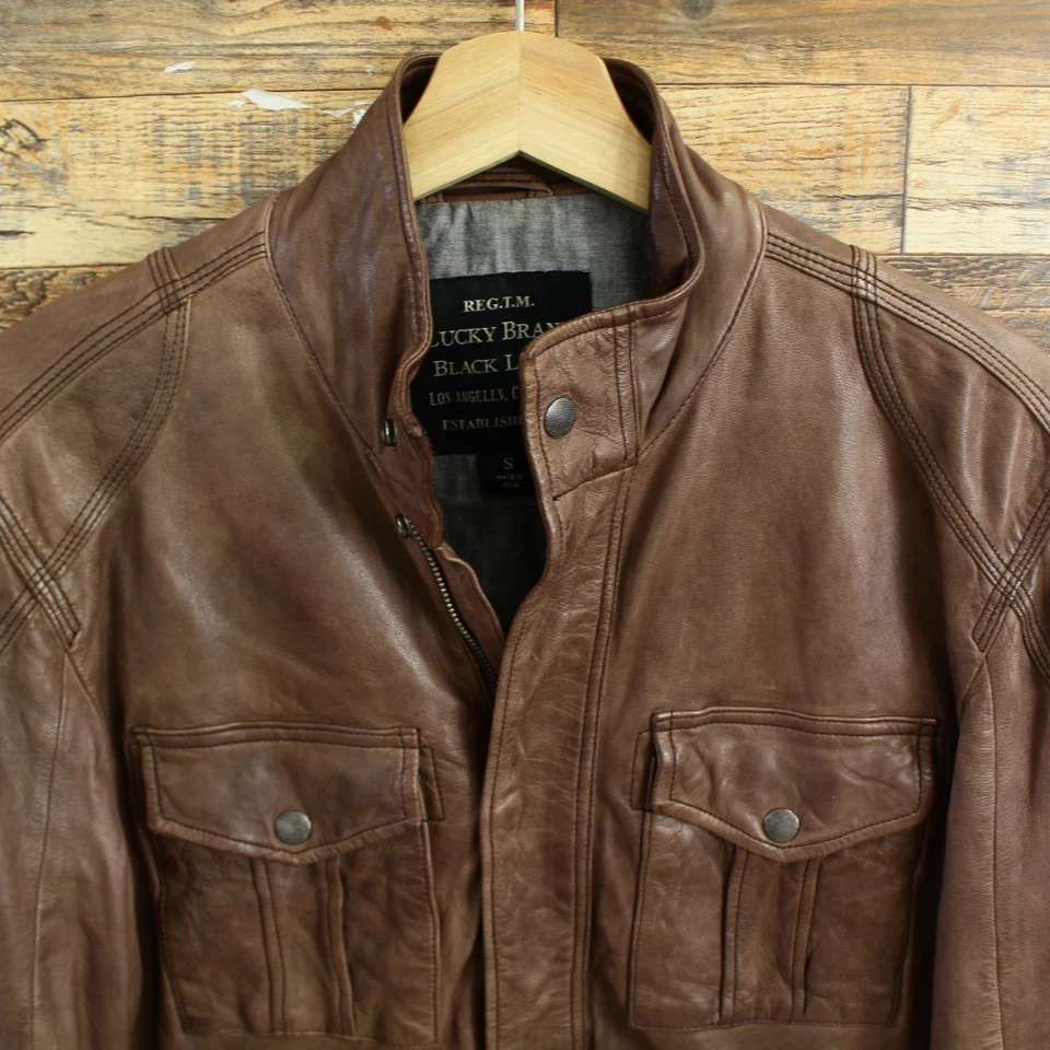 Chaqueta de cuero para hombre LUCKY BRAND talla S marrón cremallera completa Foto 3 de 4