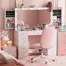 Vanity Set Desk 11 Drawers Large Mirror with Power Outlet LED Light Makeup Table