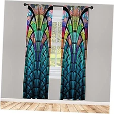  Abstract Window Curtains, Curves Pattern 28"W x 63"L (Pack of 2) Aqua Green