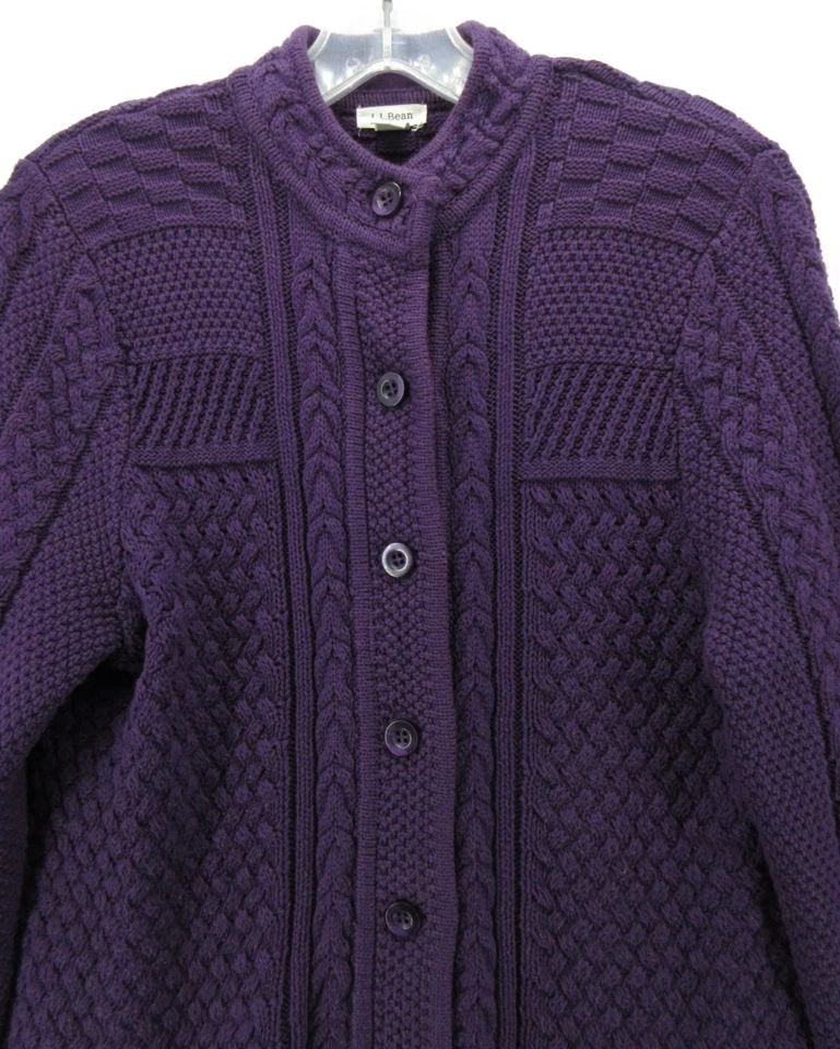 Suéter LL Bean Mujer Pequeño Cárdigan Púrpura Pescador Cable Tejido Banda Cuello * Foto 2 de 4