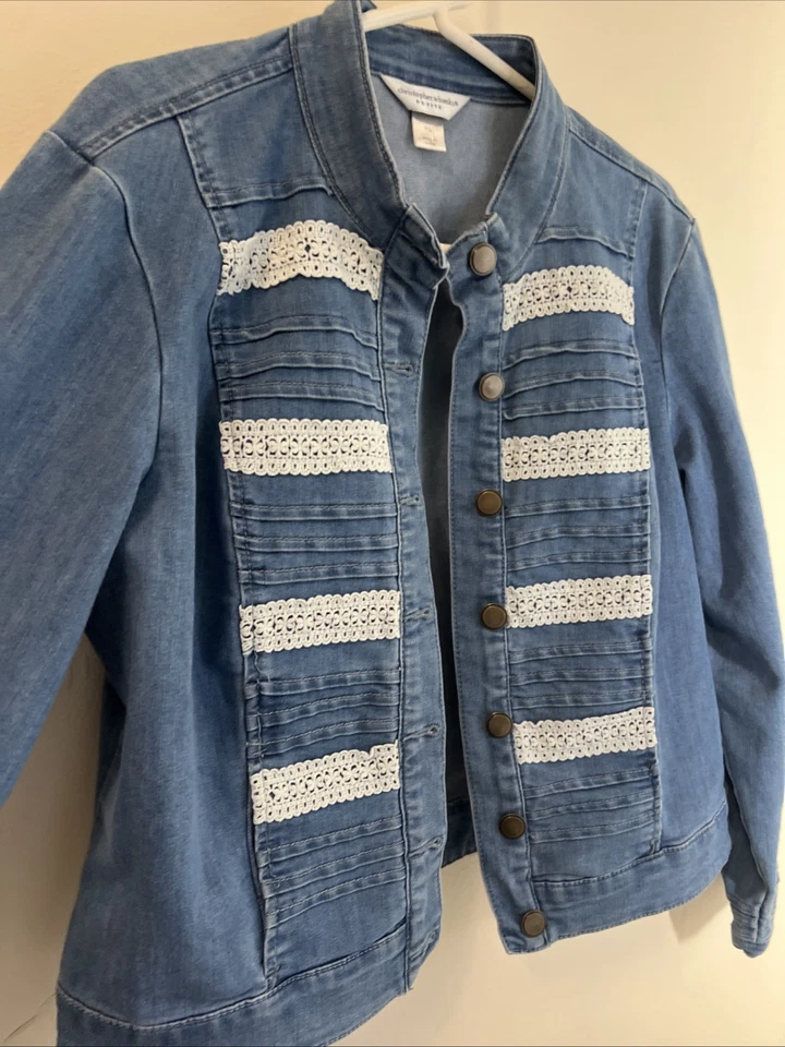 Christopher & Banks Denim Jacket Womens Petite XL Button Up Lace Trim Stretch - Image 3 of 4
