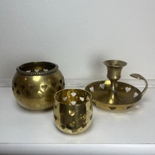 Vintage Brass Candle Holders with Heart Shaped Cut Outs Lot Of 3