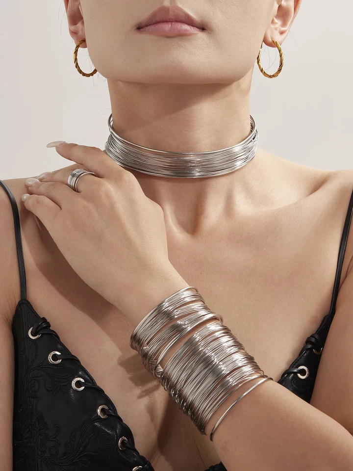 Collare Collo IN Acciaio Inox Per Donna, Grande Bracciale, , Regolabile - Immagine 3 di 4