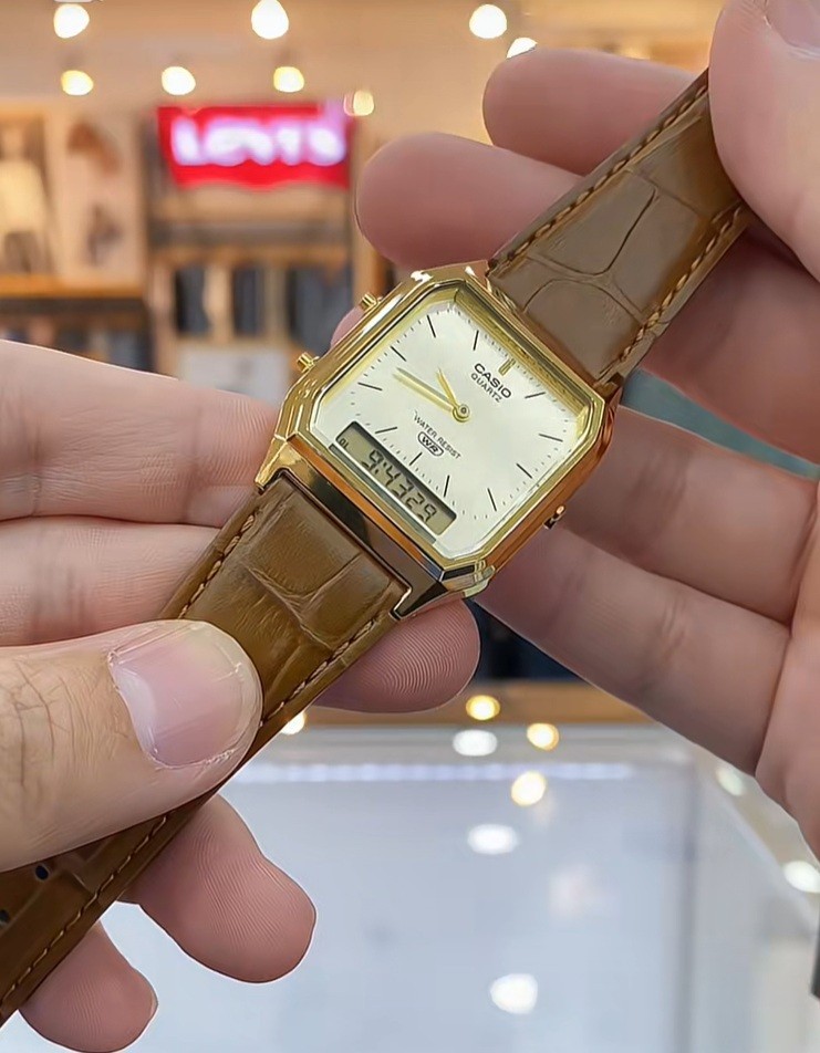 Buy Casio AQ-230EGL-9A Gold Tone Analog Digital Brown Leather