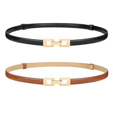 Women Skinny Belt Thin Leather Waist Belt for Pants Gold 2 Pack