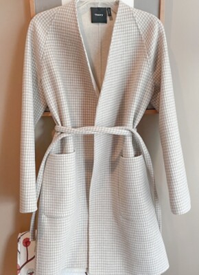 $795 THEORY CLEAN ROBE SOFT HOUNDS BEIGE MULTI WOOL CASHMERE