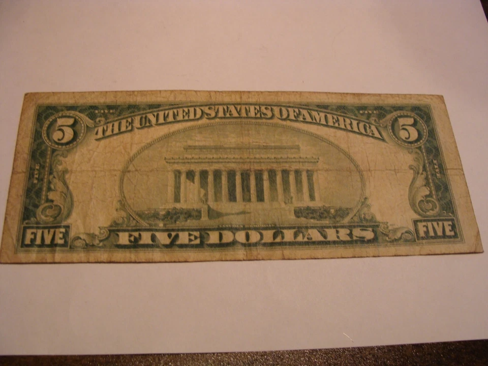 1928 $5 Nota de Selo Vermelho dos Estados Unidos - Número de série # A00000456A - Imagem 4 de 4