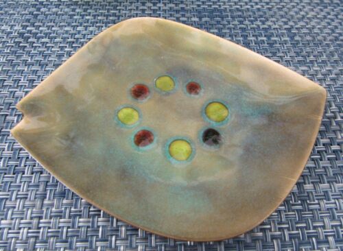 Bovano Cheshire Enameled Decorative Trinket Dish Blue Red & Yellow 6" VTG - Picture 1 of 3