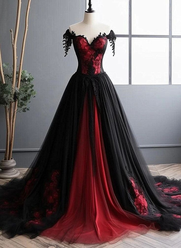 Gothic Black And Red A-Line Wedding Dresses Off the Shoulder Corset Bridal Gowns - Picture 3 of 5