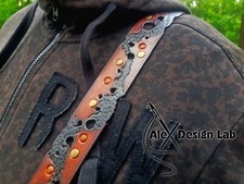 Wide Brown Burnt Studded Designer Leather Guitar Strap Custom Acoustic Electric