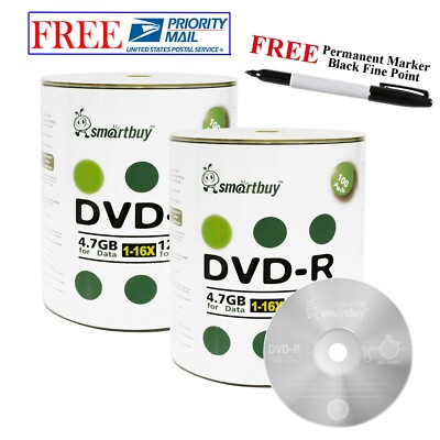 200 Smartbuy DVD-R 16X 4.7GB Logo Top Blank Media Disc + Black Permanent Marker