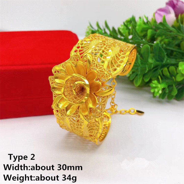 24K Yellow Gold Plated Wide 30mm Big Flower Open Up Women's Bangle