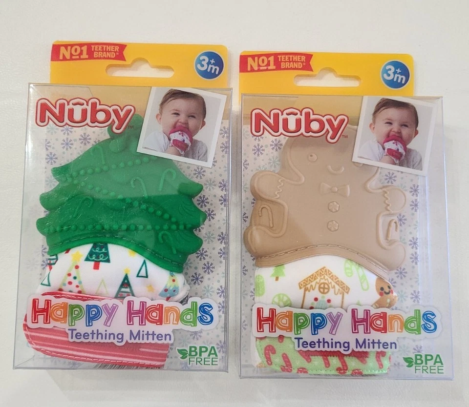 Nuby Happy Hands Holiday Teething Mitten 2 Árbol de Navidad y Pan de Jengibre Niño Nuevo⬇ Foto 2 de 4