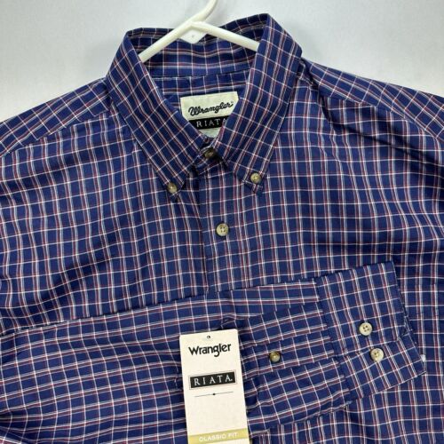 NWT Wrangler Riata Long Sleeve Blue Plaid Shirt Lightweight Men Medium 112318642