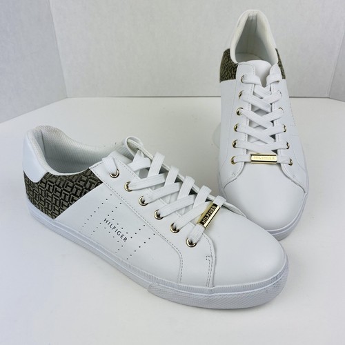 Tommy Hilfiger Shoes Womens 11 White w/ Gold Sneakers Faux Leather Lace Up Logo - 第 1/7 張圖片
