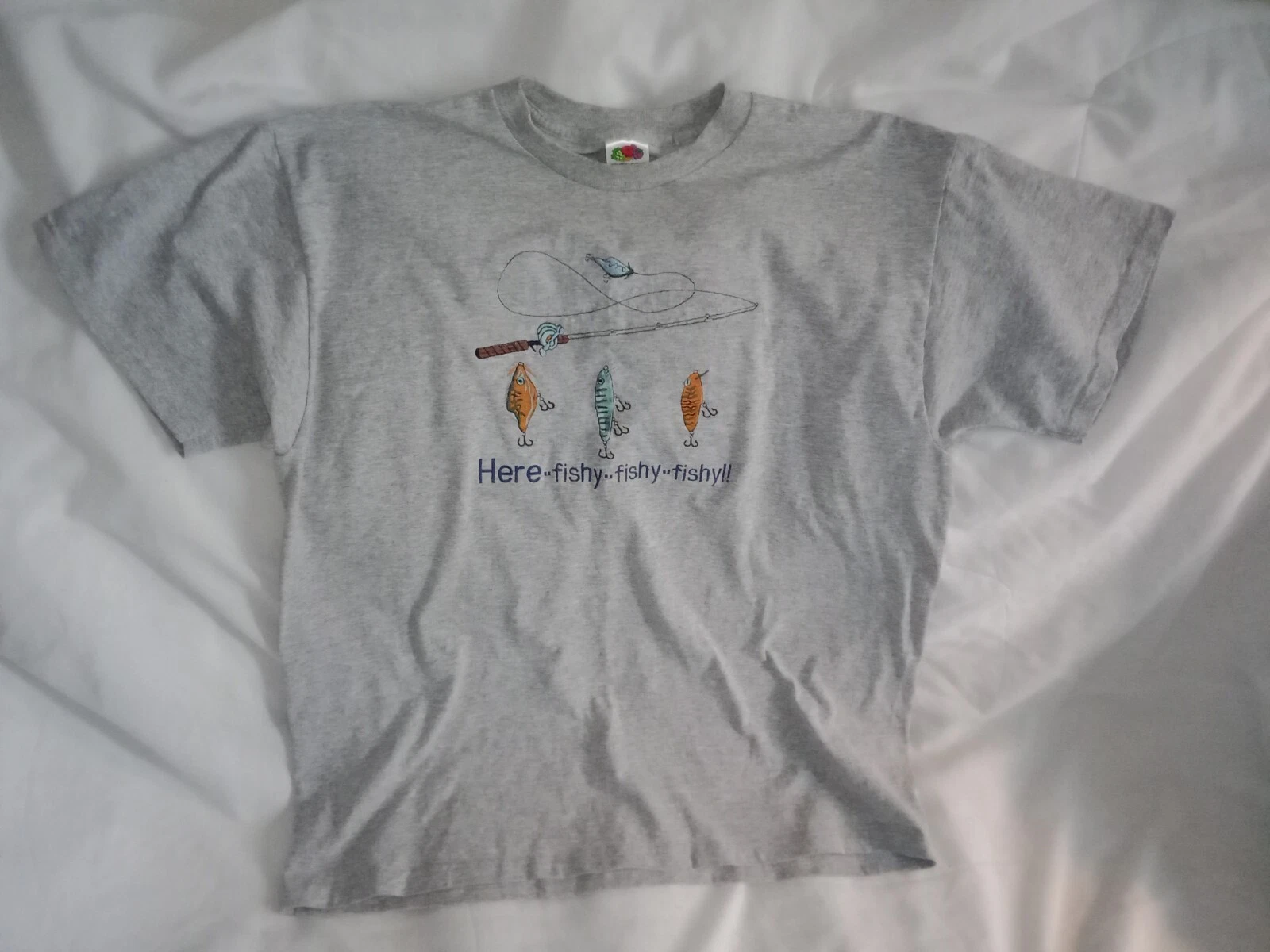 Embroidered Fishing Shirt Size XL Here Fishy Fishy Fishy Pole Lure
