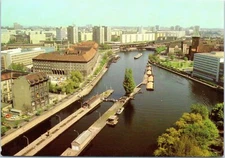 View of the Muhlendamm Lock, Boats and Barges, Berlin, DDR Postcard