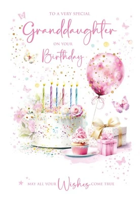 Granddaughter Happy Birthday Card. Cherry Orchard. Cake Balloons Gifts Pretty