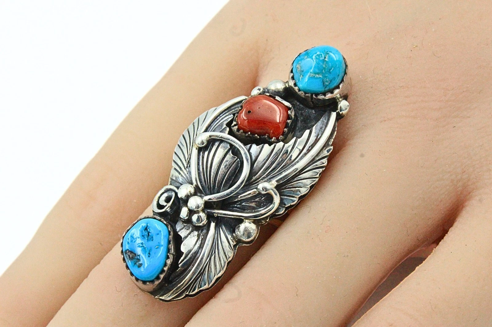 Native American Sterling Handstamped DL Traditional Turquoise Coral Ring Sz 7.5