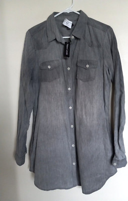 New Look  Gray Denim Long Sleeve Button Through Shirt Dress Junior Size L NEW
