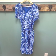 Talbots Etched Blue White Floral V-Neck Smocked Sleeve Midi Dress Belted Size 10