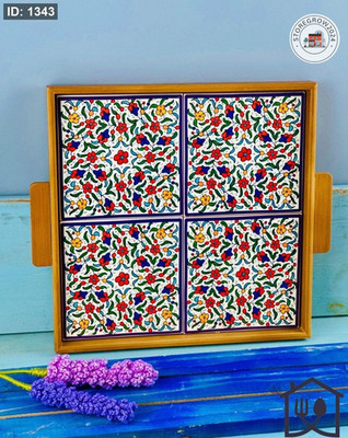 Handmade Ceramic Tile Wooden Serving Tray Floral Mandala Art Kitchen Decor 12in