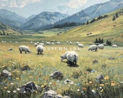 Alpine Meadow Sheep Oil Painting Print Mountain Landscape Farmhouse Wall Art Dec