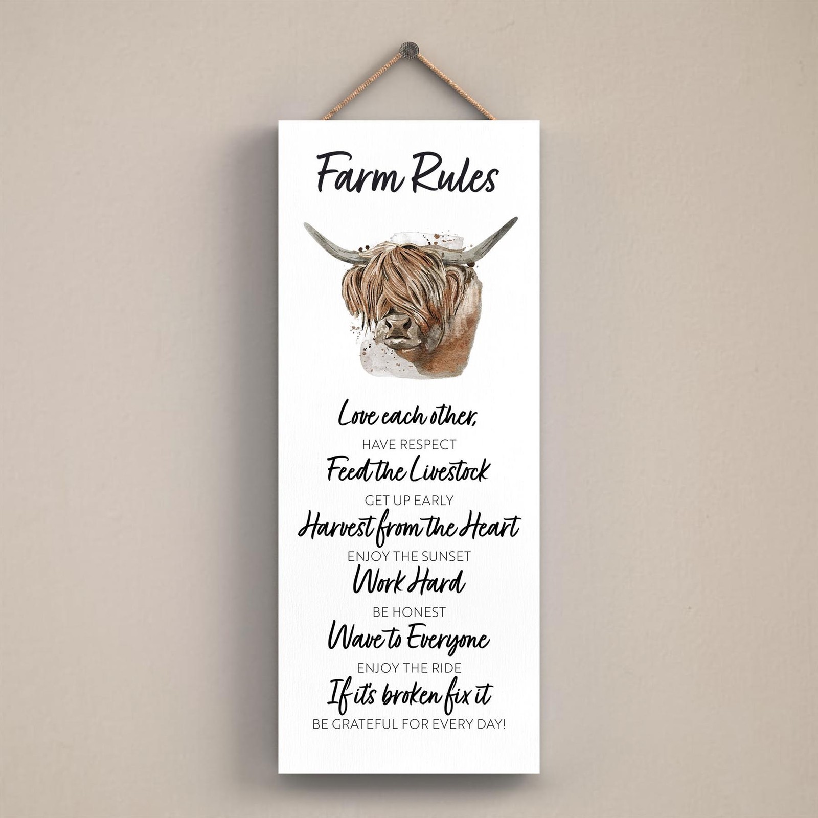 Farm Rules Highland Cow Watercolour Artwork Decorative Wooden Plaque