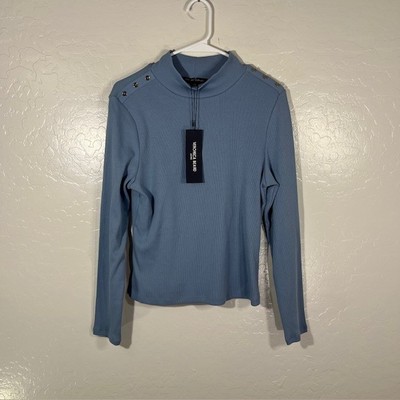 Veronica Beard Blue Nate Ribbed long Sleeve With Buttons Top Large NEW