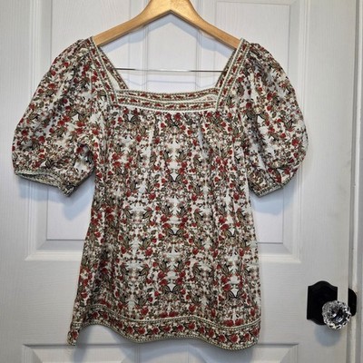 Max Studio Peasant Top Floral Print Puff Sleeve S Boho Cottagecore Beach Prairie