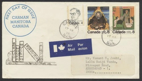 1976 #695-696 Canadian Authors FDC Unusual Stencilled Cachet Carman MAN to India