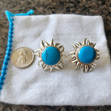 Mexican Turquoise Sunburst Stud Earrings Silver Tone Round Bezel Set Pair