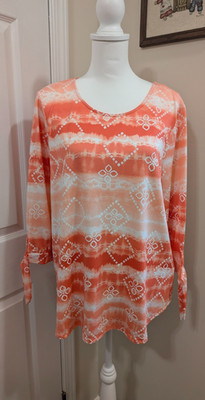 Ruby Rd Womens Medium Coral White Tie Dye Floral Long Sleeve Knit Top M