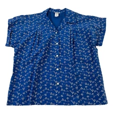 Blair Floral Short Sleeve Camp Button Shirt Top Blue 50/50 Size Large New 9463