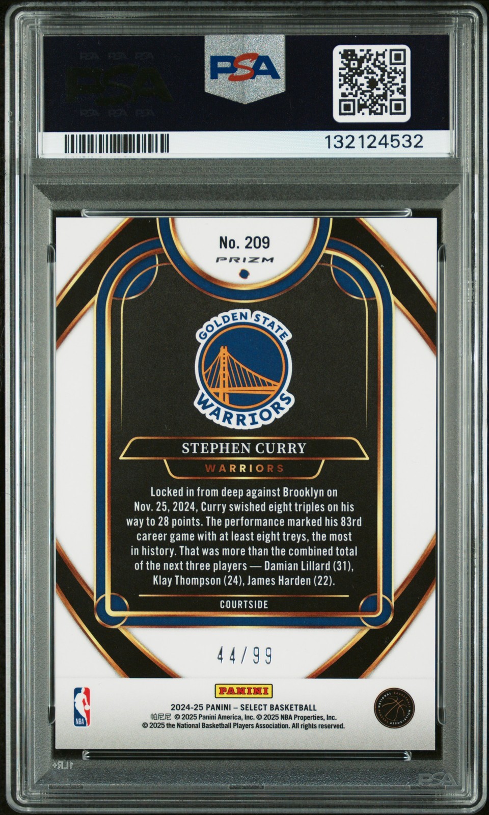 2024 PANINI SELECT PINK CRACKED ICE #209 STEPHEN CURRY 44/99 PSA 10 view 2