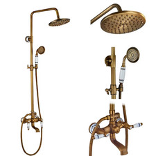 Antique Brass Bathroom Shower Faucets 8" Rainfall Shower Head Mixer Taps with Ha