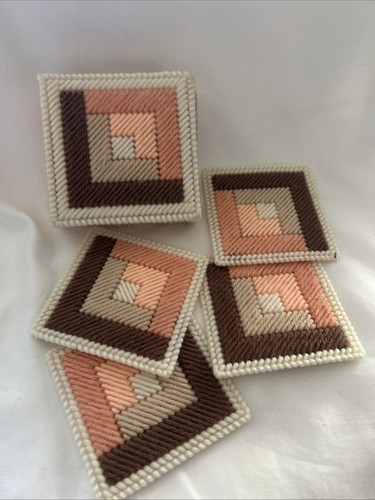 Vintage Set Of 4 Plastic Canvas Crochet Coasters Neutral Colors W Peach 3.5" - Picture 3 of 4