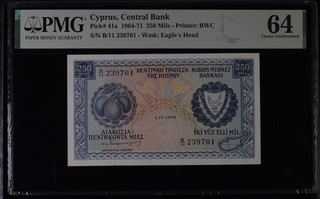 Cyprus 250 Mils 1964 Pick # 41a PMG 64 CU Very Rare !!!