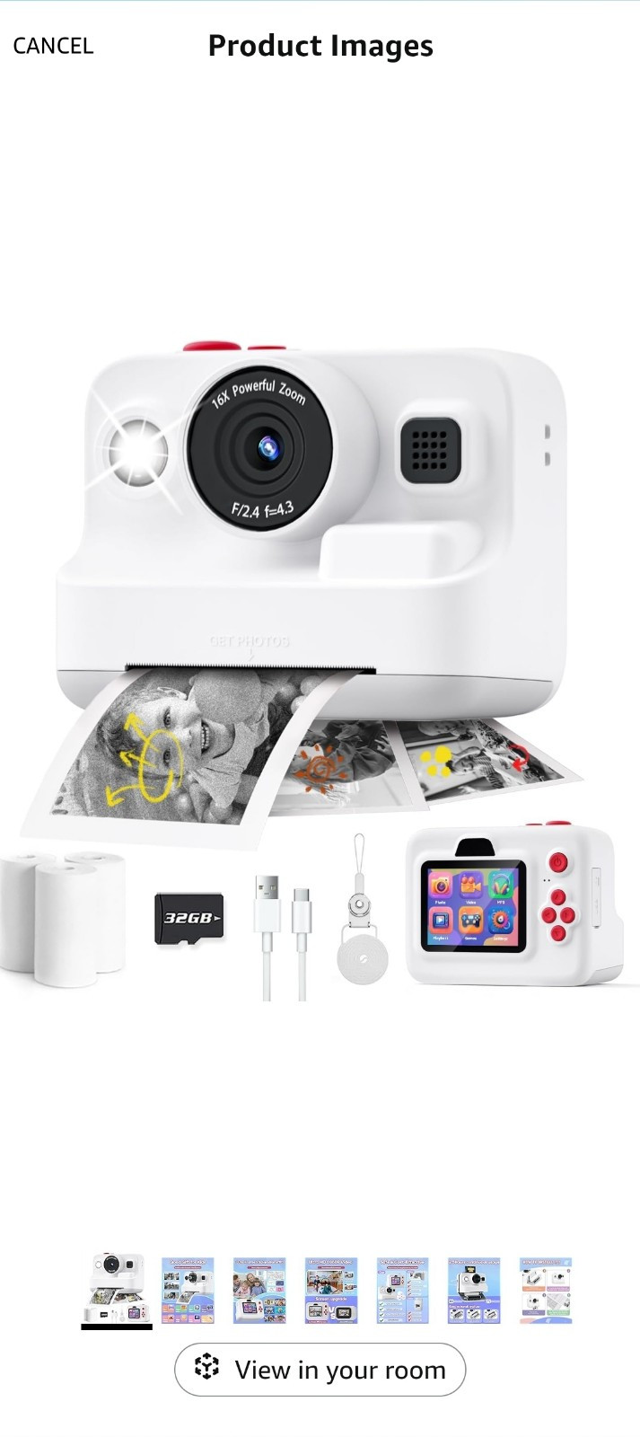 Kids Instant Camera with Printing, 1080P Video, 16x Zoom, Games & Music, 32GB-image