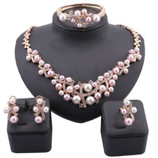 Women Pearl Crystal Jewelry Set Golden Necklace Earrings for Wedding/Bridal Gift