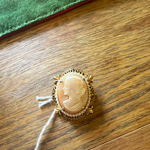 Authentic Oval Shell Cameo Portrait Brooch Pin Yellow Gold Plated Filigree Frame