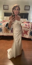 White Satin Wedding Dress Off-the-Shoulder Asymmetric Gown