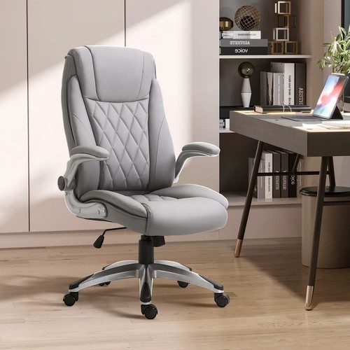 New High Back Executive Chair Home Office Faux Leather Swivel W/ Flip-up Arm Uk - Picture 10 of 11
