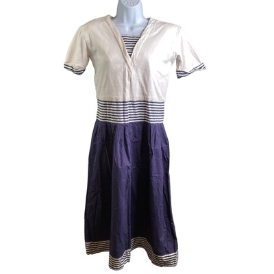 VTG 80s Punctu-A-Tion Blue White Stripe Cotton Midi Dress Sz M Nautical Preppy